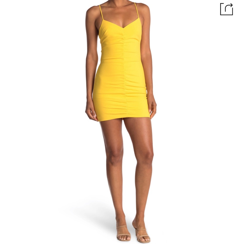 Ruched Yellow Likely charla mini dress in size 4, bodycon fit, true to size